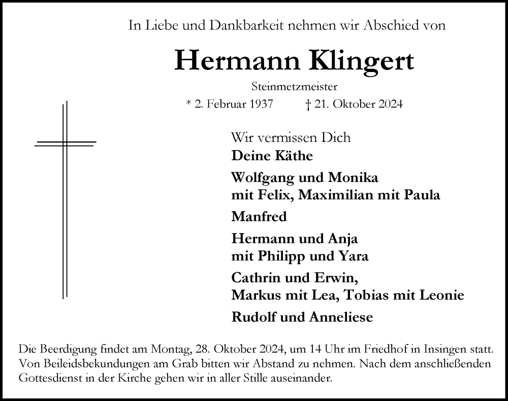  Traueranzeige für Hermann Klingert vom 25.10.2024 aus Rothenburg