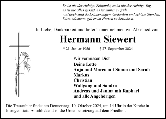 Traueranzeige von Hermann Siewert von Rothenburg