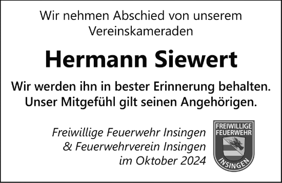 Traueranzeige von Hermann Siewert von Rothenburg