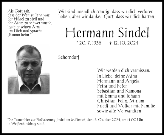 Traueranzeige von Hermann Sindel von GE