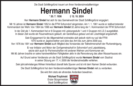 Traueranzeige von Hermann Sindel von Rothenburg