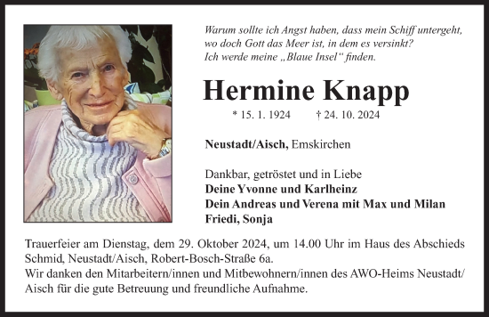 Traueranzeige von Hermine Knapp von Neustadt/ Scheinfeld/ Uffenheim