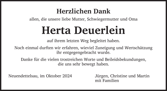 Traueranzeige von Herta Deuerlein von Ansbach