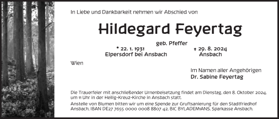 Traueranzeige von Hildegard Feyertag von Ansbach