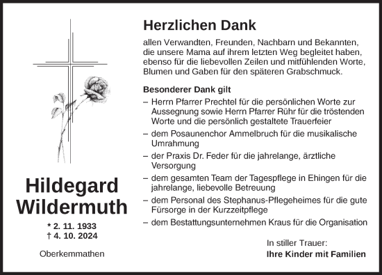 Traueranzeige von Hildegard Wildermuth von Dinkelsbühl/ Feuchtwangen