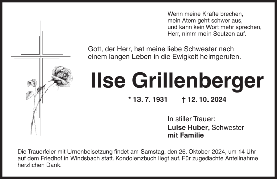 Traueranzeige von Ilse Grillenberger von Ansbach