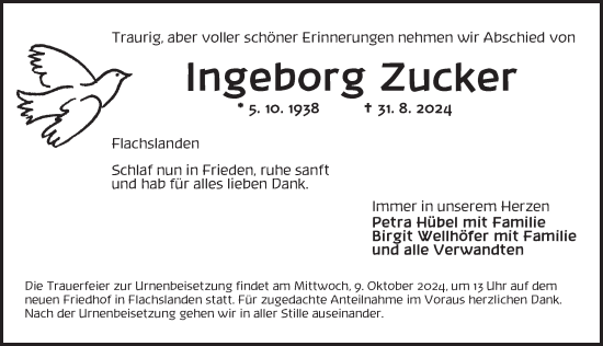 Traueranzeige von Ingeborg Zucker von Ansbach