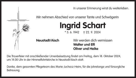 Traueranzeige von Ingrid Schart von Neustadt/ Scheinfeld/ Uffenheim