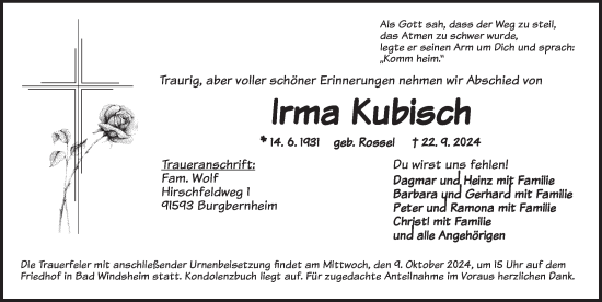 Traueranzeige von Irma Kubisch von Neustadt/ Scheinfeld/ Uffenheim