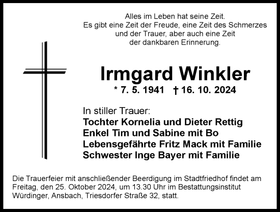 Traueranzeige von Irmgard Winkler von Ansbach