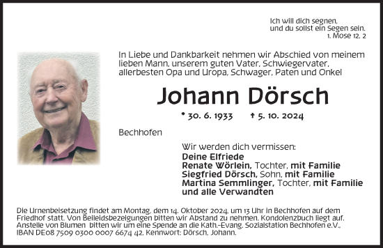 Traueranzeige von Johann Dörsch von Dinkelsbühl/ Feuchtwangen