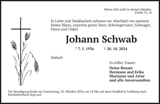 Traueranzeige von Johann Schwab von Ansbach