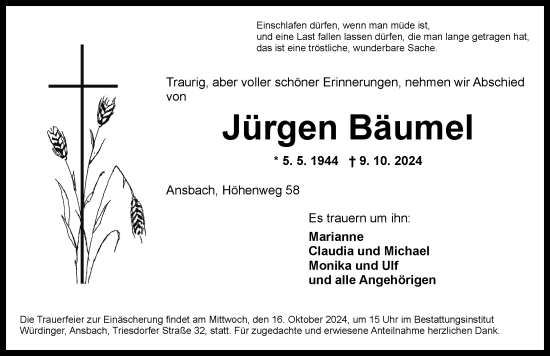 Traueranzeige von Jürgen Bäumel von Ansbach