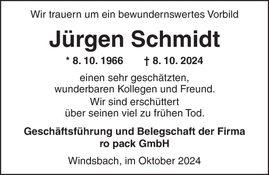 Traueranzeige von Jürgen Schmidt von Ansbach