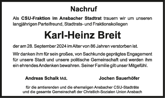 Traueranzeige von Karl-Heinz Breit von Ansbach