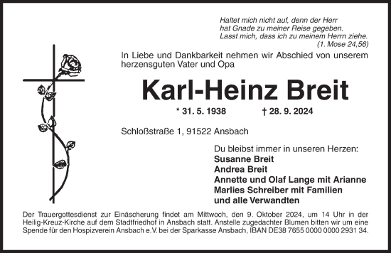 Traueranzeige von Karl-Heinz Breit von Ansbach