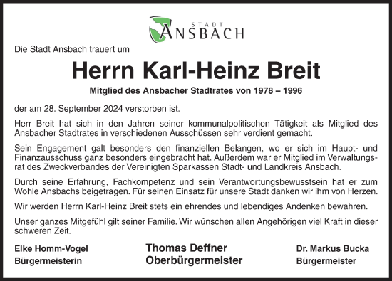 Traueranzeige von Karl-Heinz Breit von Ansbach