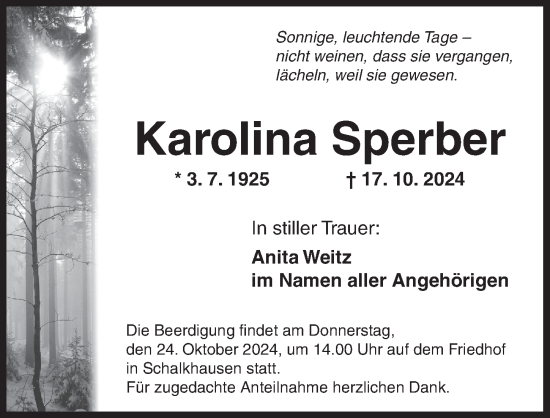 Traueranzeige von Karolina Sperber von Ansbach