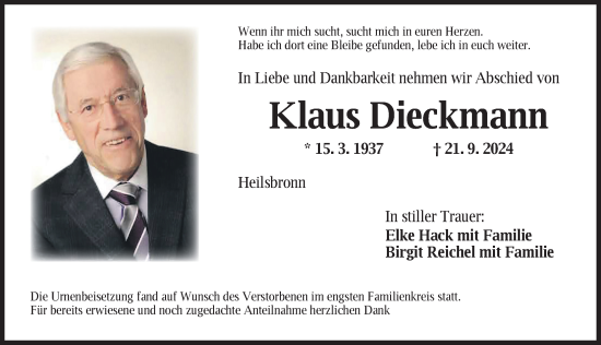 Traueranzeige von Klaus Dieckmann von Ansbach