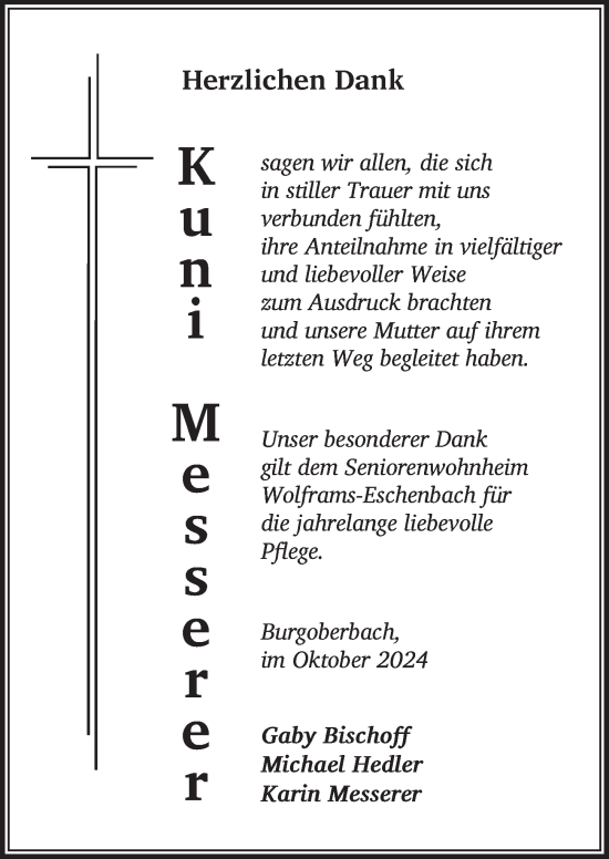 Traueranzeige von Kuni Messerer von Ansbach