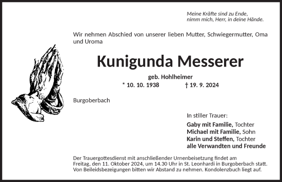 Traueranzeige von Kunigunda Messerer von Ansbach