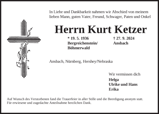 Traueranzeige von Kurt Ketzer von Ansbach