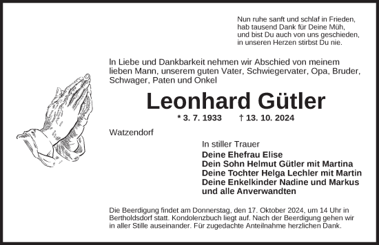 Traueranzeige von Leonhard Gütler von Ansbach