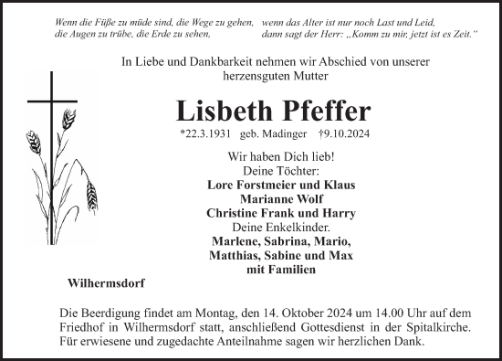 Traueranzeige von Lisbeth Pfeffer von Neustadt/ Scheinfeld/ Uffenheim