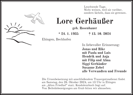 Traueranzeige von Lore Gerhäußer von Dinkelsbühl/ Feuchtwangen