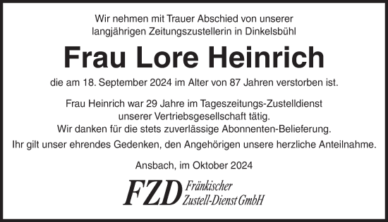 Traueranzeige von Lore Heinrich von Ansbach