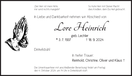 Traueranzeige von Lore Heinrich von Dinkelsbühl/ Feuchtwangen