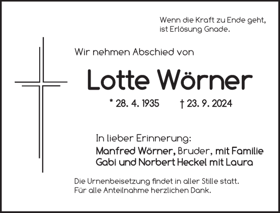 Traueranzeige von Lotte Wörner von Neustadt/ Scheinfeld/ Uffenheim