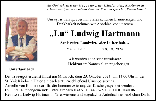 Traueranzeige von Ludwig Hartmann von Neustadt/ Scheinfeld/ Uffenheim