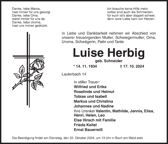 Traueranzeige von Luise Herbig von Rothenburg