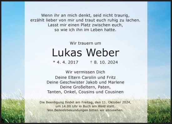 Traueranzeige von Lukas Weber von Ansbach