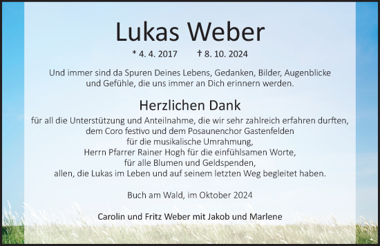 Traueranzeige von Lukas Weber von Ansbach