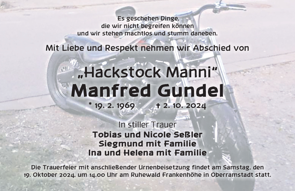  Traueranzeige für Manfred Gundel vom 12.10.2024 aus Ansbach