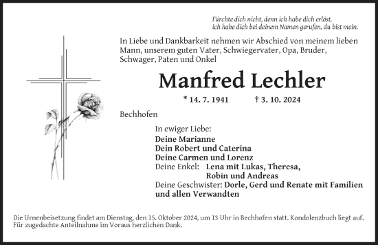 Traueranzeige von Manfred Lechler von Ansbach