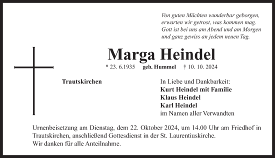 Traueranzeige von Marga Heindel von Neustadt/ Scheinfeld/ Uffenheim