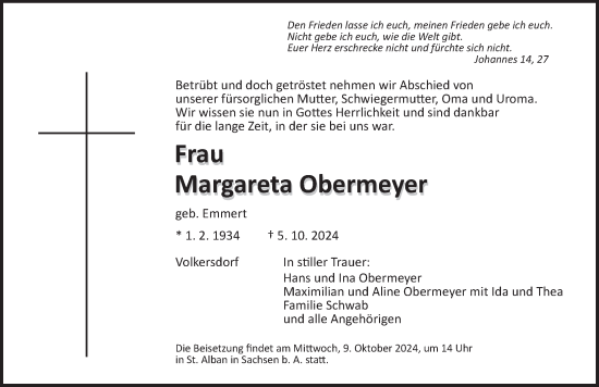 Traueranzeige von Margareta Obermeyer von Ansbach