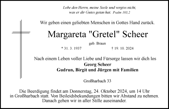 Traueranzeige von Margareta  Scheer von Rothenburg