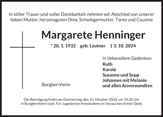 Traueranzeige von Margarete Henninger von Neustadt/ Scheinfeld/ Uffenheim