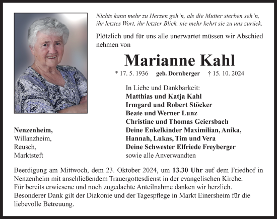 Traueranzeige von Marianne Kahl von Neustadt/ Scheinfeld/ Uffenheim