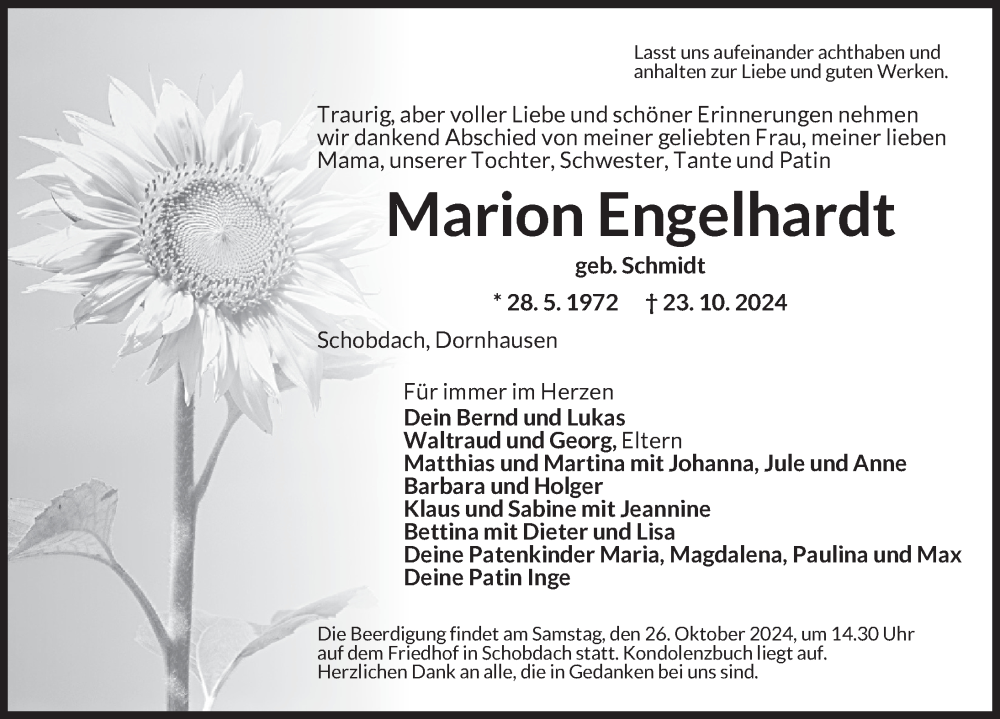  Traueranzeige für Marion Engelhardt vom 25.10.2024 aus Dinkelsbühl/ Feuchtwangen