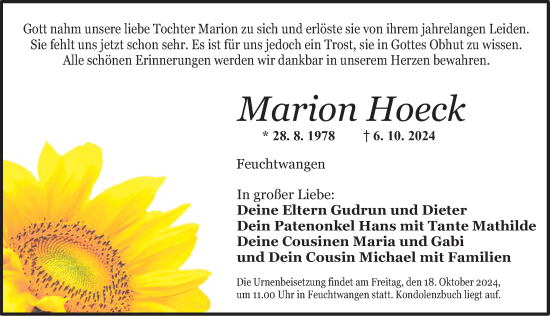 Traueranzeige von Marion Hoeck von Dinkelsbühl/ Feuchtwangen