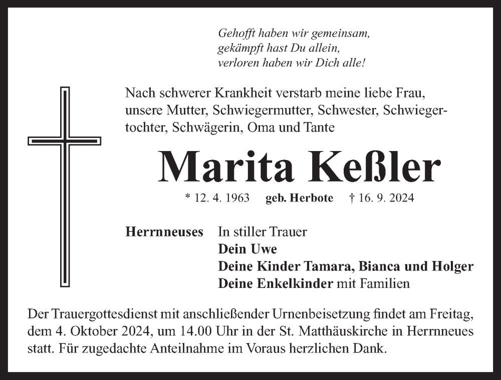  Traueranzeige für Marita Keßler vom 02.10.2024 aus Neustadt/ Scheinfeld/ Uffenheim