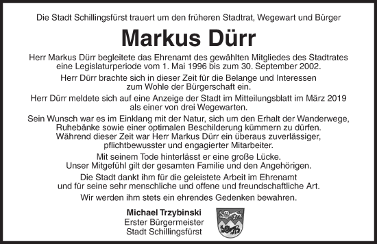 Traueranzeige von Markus Dürr von Rothenburg