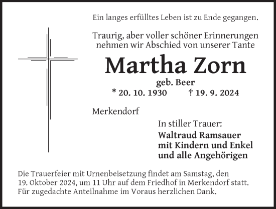 Traueranzeige von Martha Zorn von Ansbach