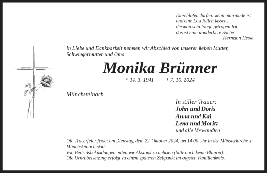 Traueranzeige von Monika Brünner von Neustadt/ Scheinfeld/ Uffenheim