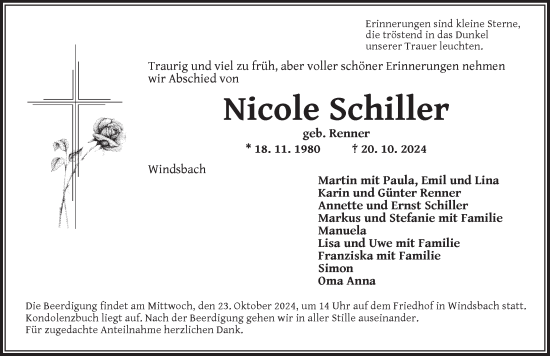 Traueranzeige von Nicole Schiller von Ansbach